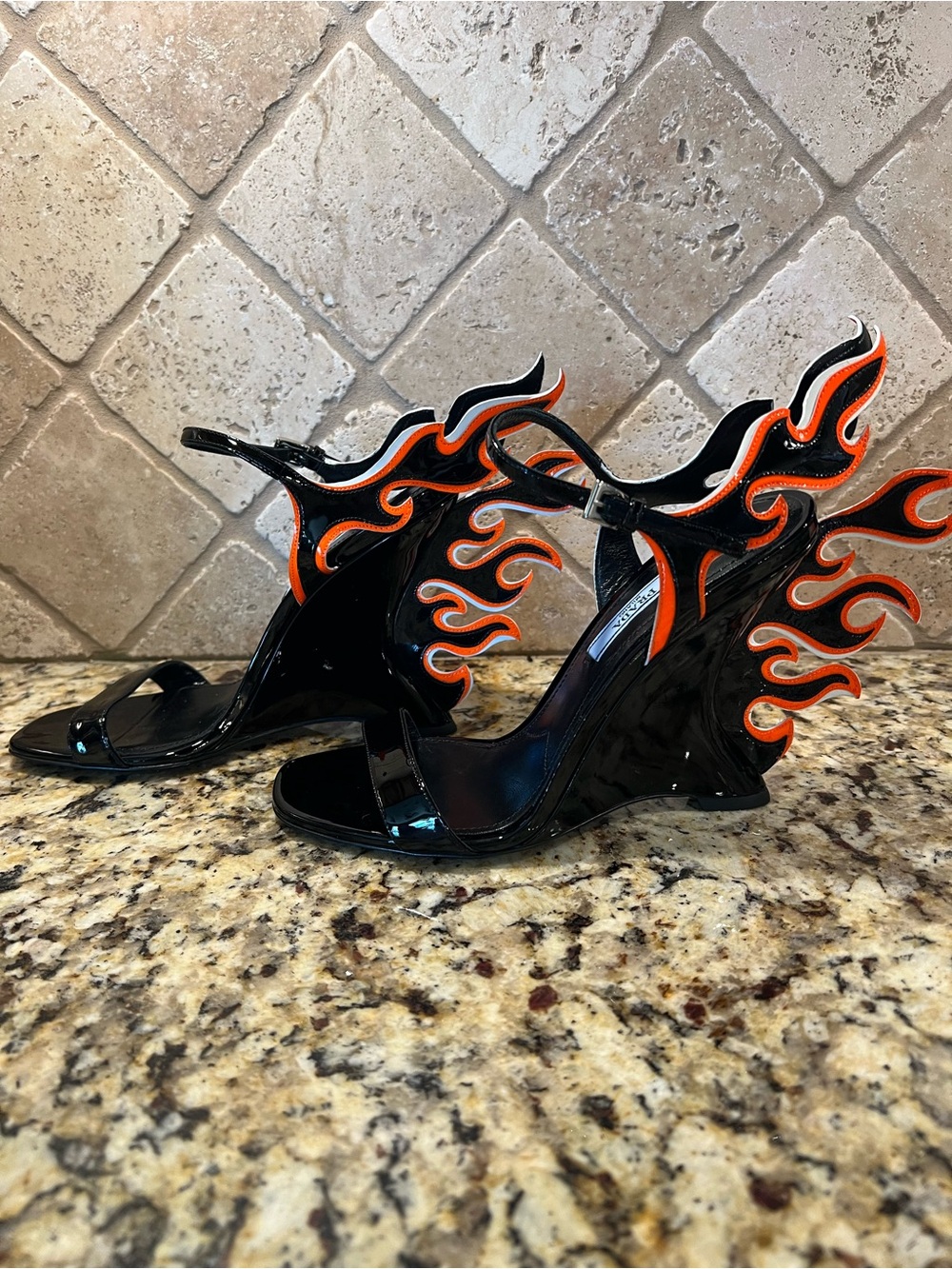 Prada 2018 Flame Detail Black Patent Wedge Sandals with Orange Flame Accent